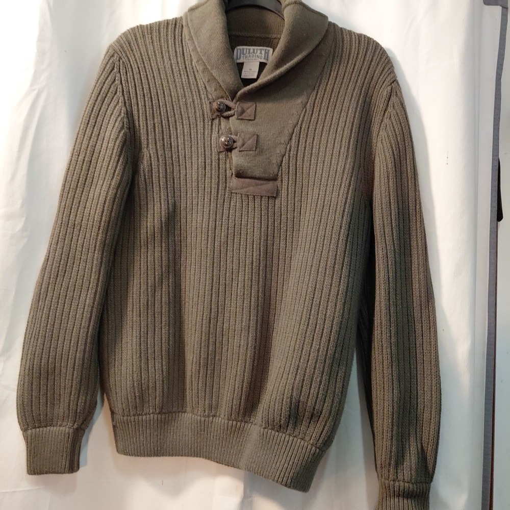 Duluth Trading Co Infantry‎ Thick  Sweater Shawl Collar Wool Blend Green  Mens M